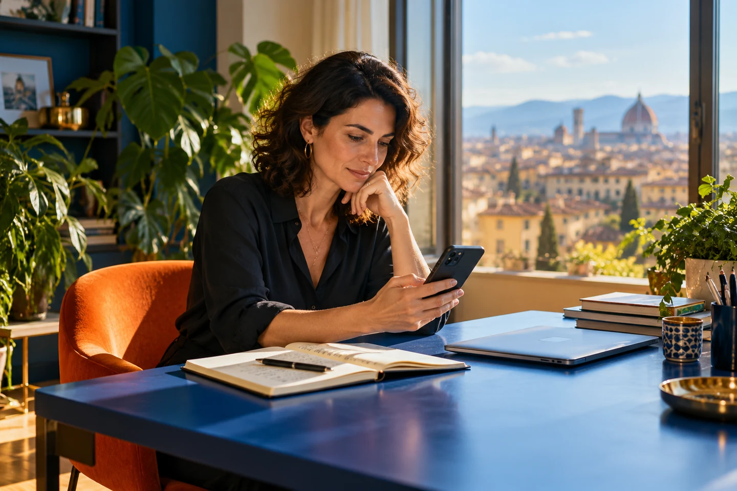 Una professionista confronta telefono e appunti in uno studio luminoso