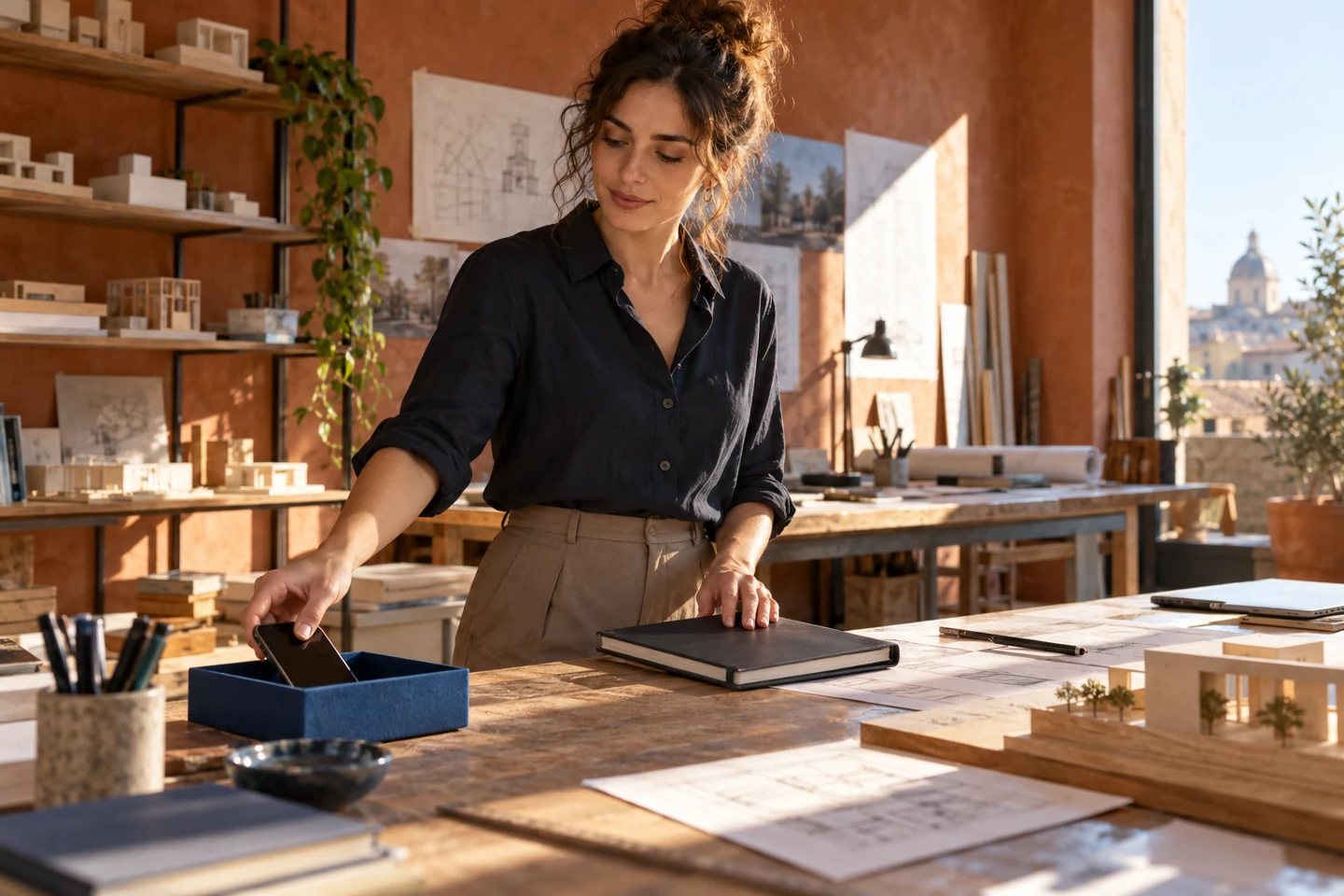 Architetta che riordina il telefono di lavoro nel proprio studio