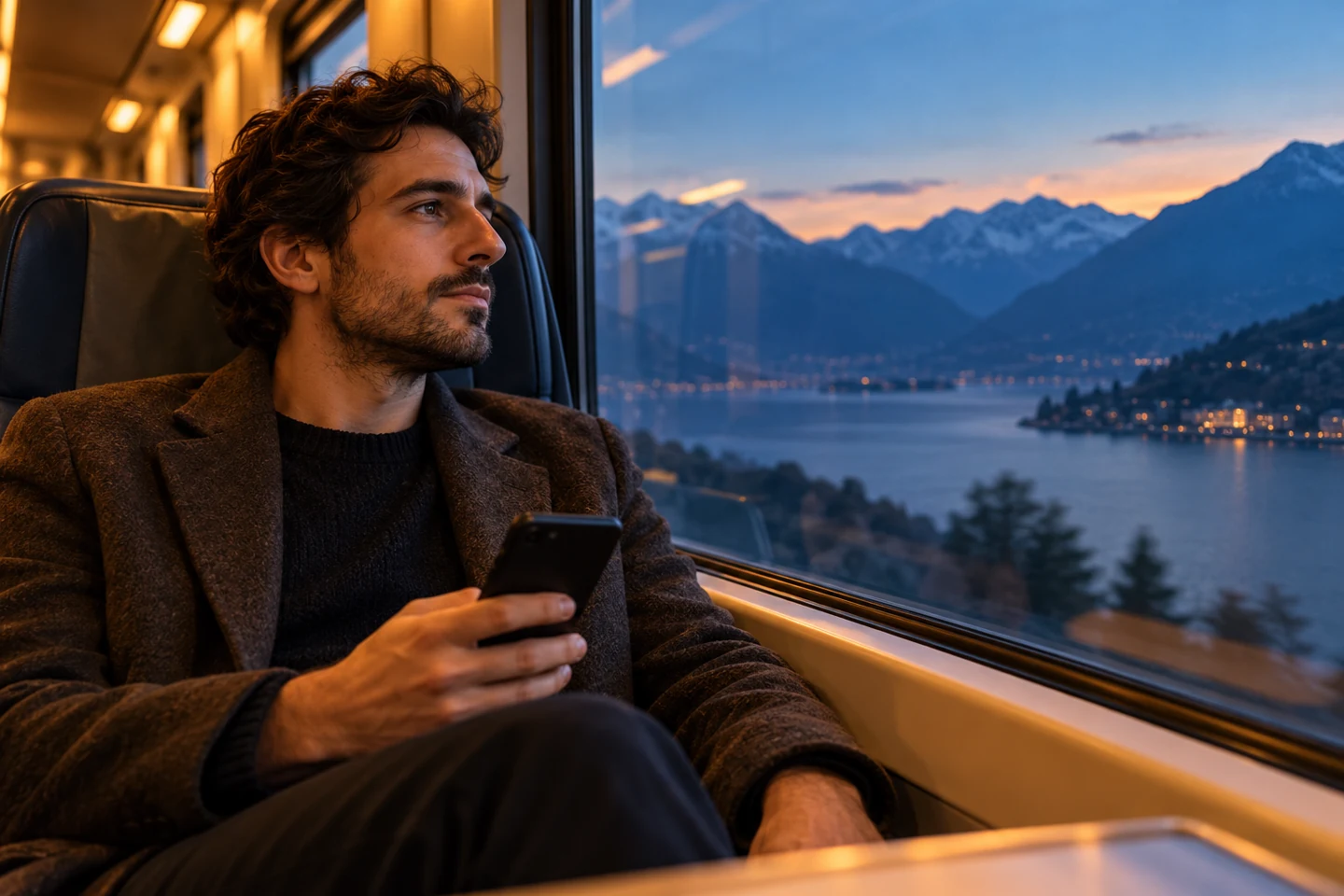 Viaggiatore che consulta il telefono accanto al finestrino di un treno