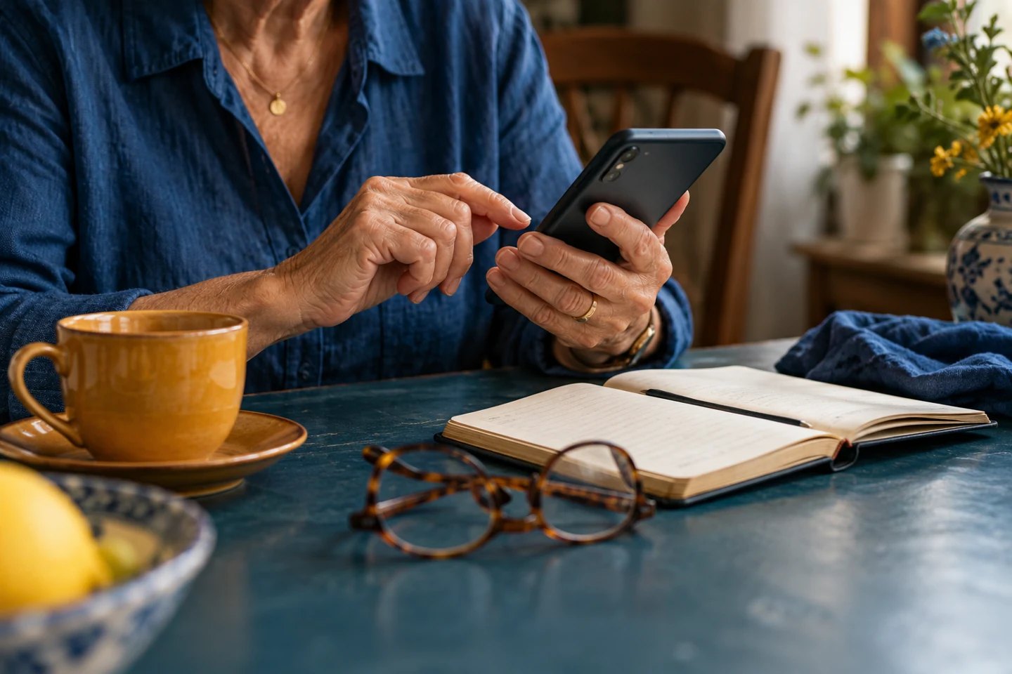 Mani che consultano un telefono e un taccuino per verificare i dettagli